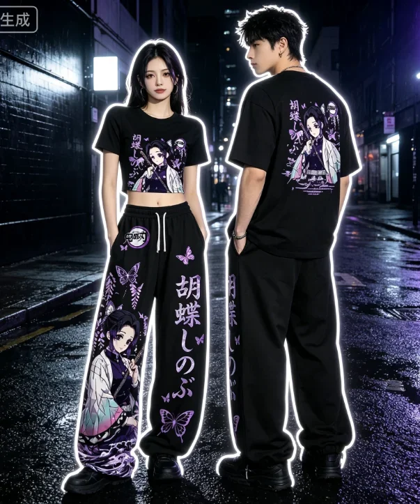 2026 Summer Universal Top Wide Leg Pants Set Demon Slayer Zenitsu Agatsuma Colorful Anime Print Two Piece Outfit Family Matching
