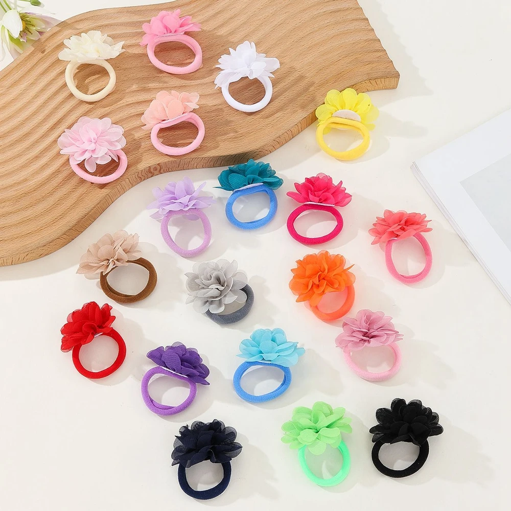 20pcs/lot Baby Girls Hair Ties 2inch Chiffon Flower Bows Rubber Bands Soft Elastics Ponytail Holders Accessories for Infants Kid