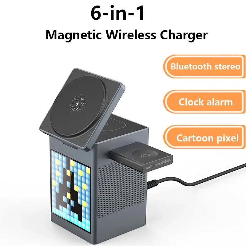 6 in 1 Magnetic Multi-function Wireless Charger with Bluetooth Speaker Alarm Clock for Iphone 16 15 Pro Max for Airpods Iwatch