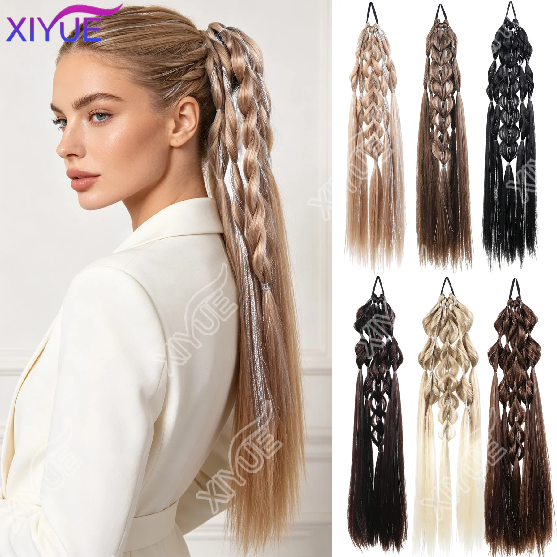 XY Bubble Lantern Braid Ponytail Extension Y2K Festival Hair Synthetic Braided Ponytail Hairpiece Boho Hairstyle Gradient Hair