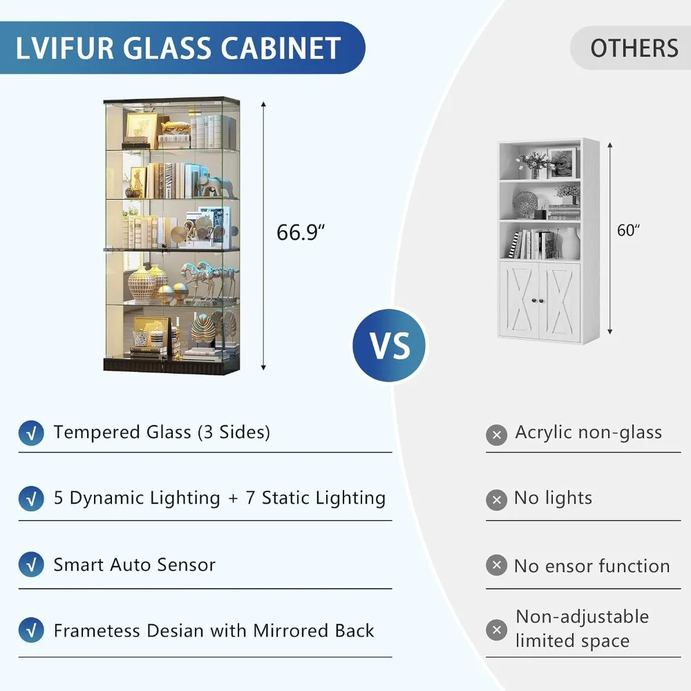 Full Deep Glass Display Cabinet with RGB Lights and Lock Black Storage Curio Case for Home Office