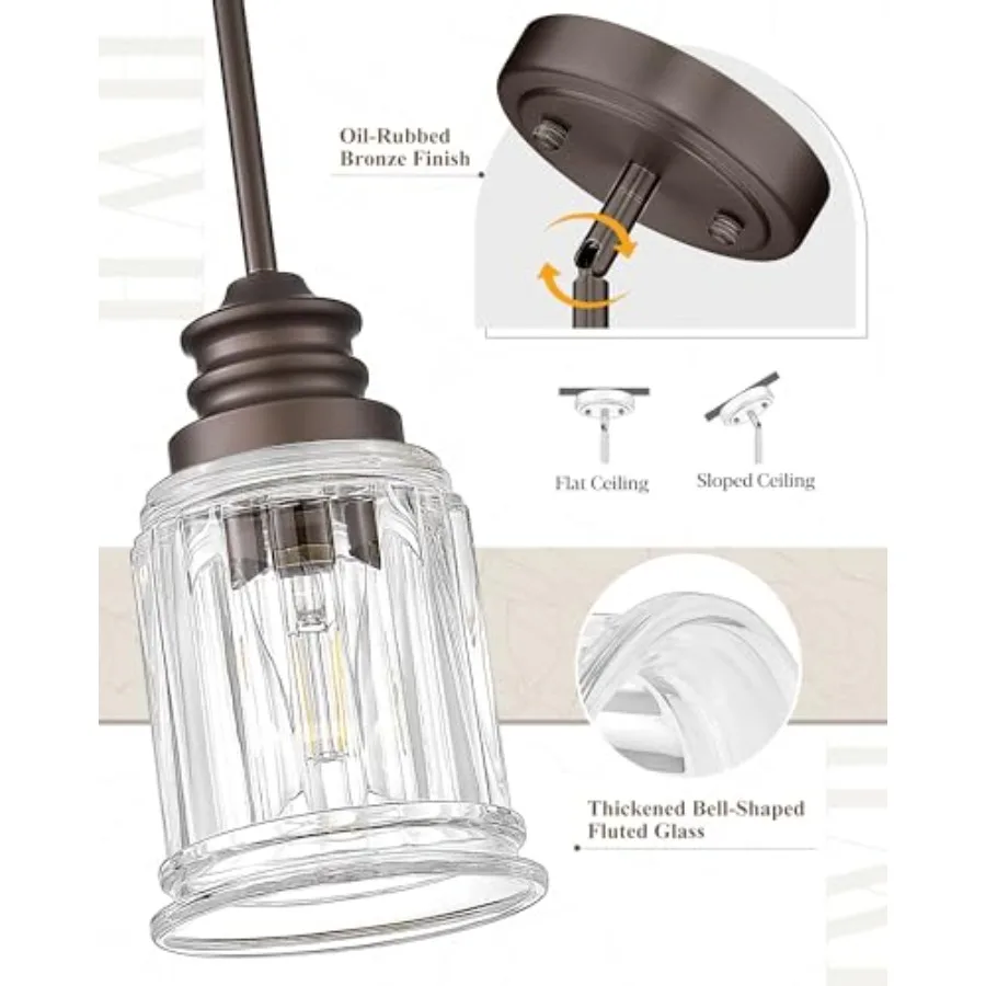 Farmhouse Pendant Light for Kitchen Island HWH Finish Pendant Light Single 1-Light Hanging Light Fixture Bell-Shaped Fluted Cle