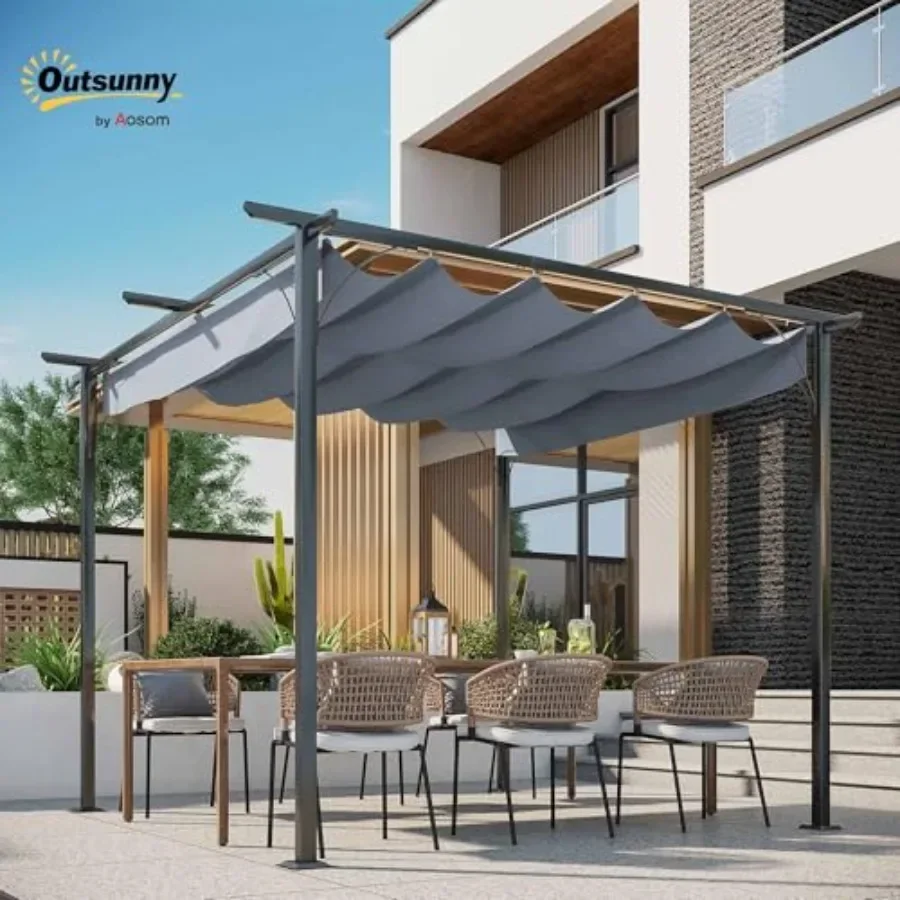 10' x 10' Outdoor Retractable Pergola  Metal Patio Shade Shelter for Backyard Porch Party Garden Grill Gazebo Gray