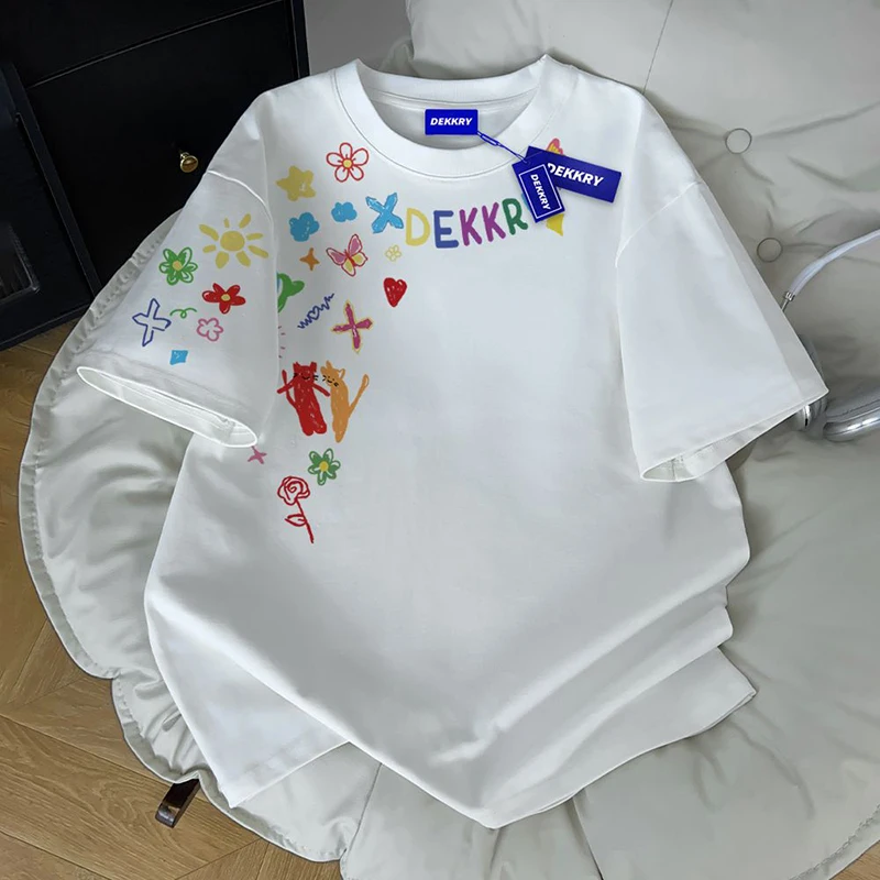 

100% cute heavy cotton 2025 summer explosions casual men and women T-shirts Joker couple short sleeves.