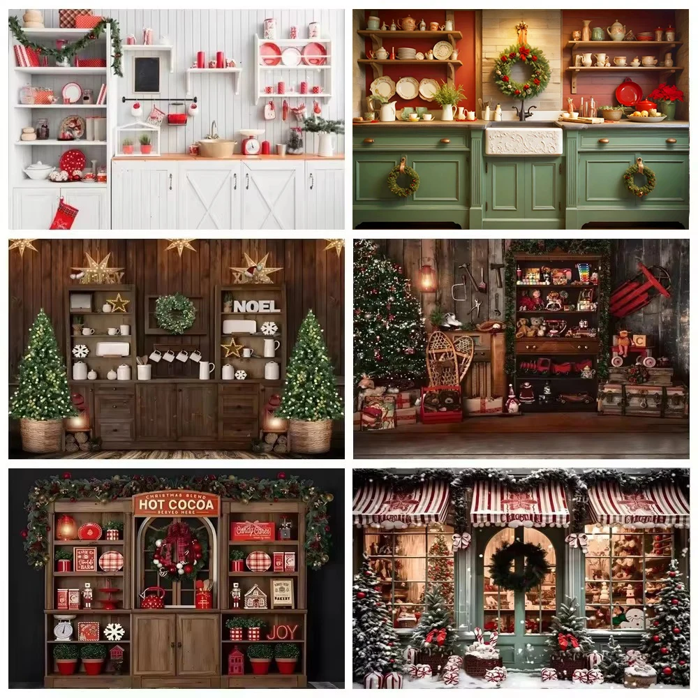 Christmas Kitchen Backdrop Kitchenware Cabinets Family Shoot XMAS Tree Party Baby Portrait Photography Background Photo Studio