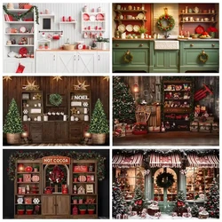 Christmas Kitchen Backdrop Kitchenware Cabinets Family Shoot XMAS Tree Party Baby Portrait Photography Background Photo Studio