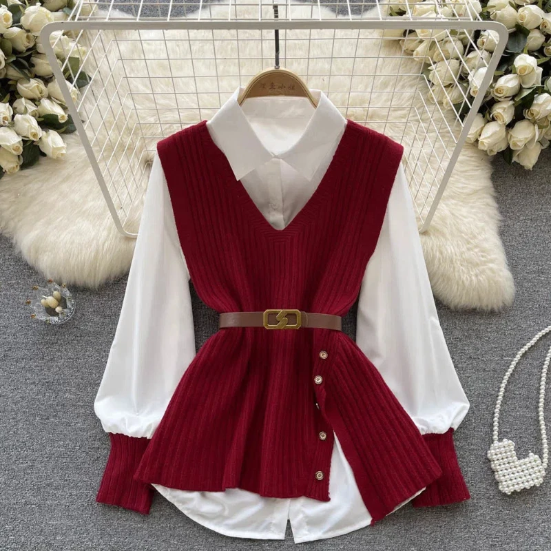 Knitted Vest Women\'s Two-piece Autumn Outfit New Solid All-match Youth Elegant Vest Two-piece Set Temperament Elegant Clothing