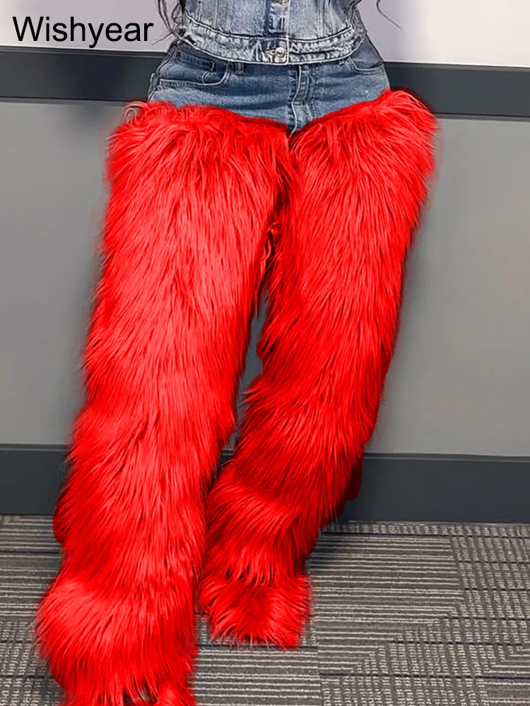Blue Denim Fur Patchwork Bodycon Jeans High Waist Straight Tube Pants for Women Streetwear Winter Fall Y2K Boyfriend Bottoms