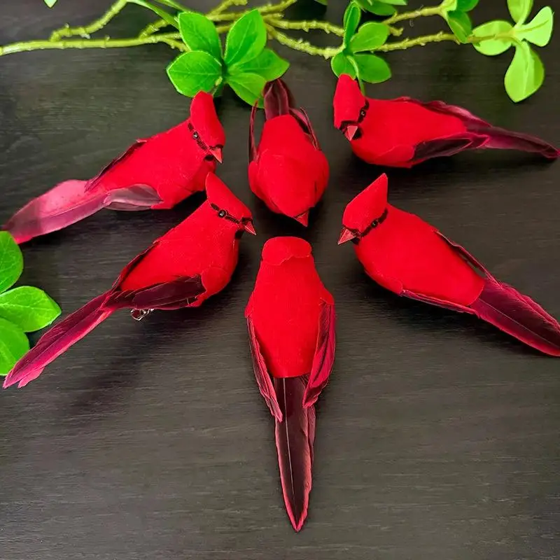 Simulation Feather Birds Handicraft Red Birds Figurines Garden Lawn With Clips For Tree Decor Christmas Home Decoration