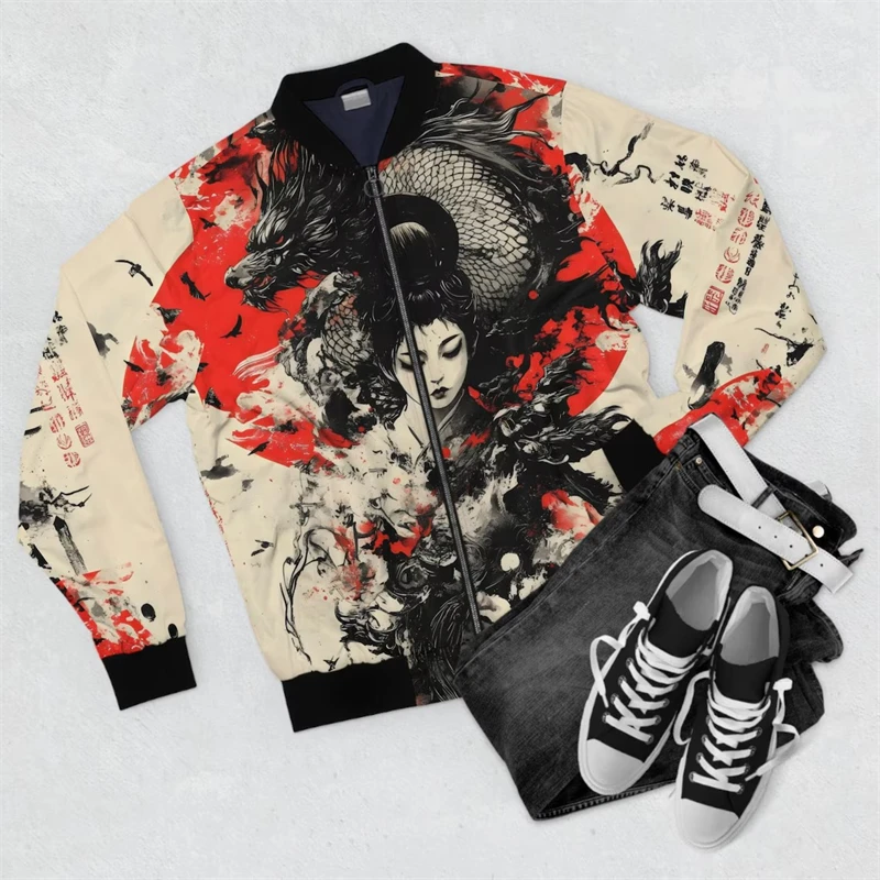 Harjauku Japanese Style Graffiti Art Men\'s Oversized 3D Jacket Sportswear Autumn Long Sleeve Zipper Sweater Baseball Jackets GYM