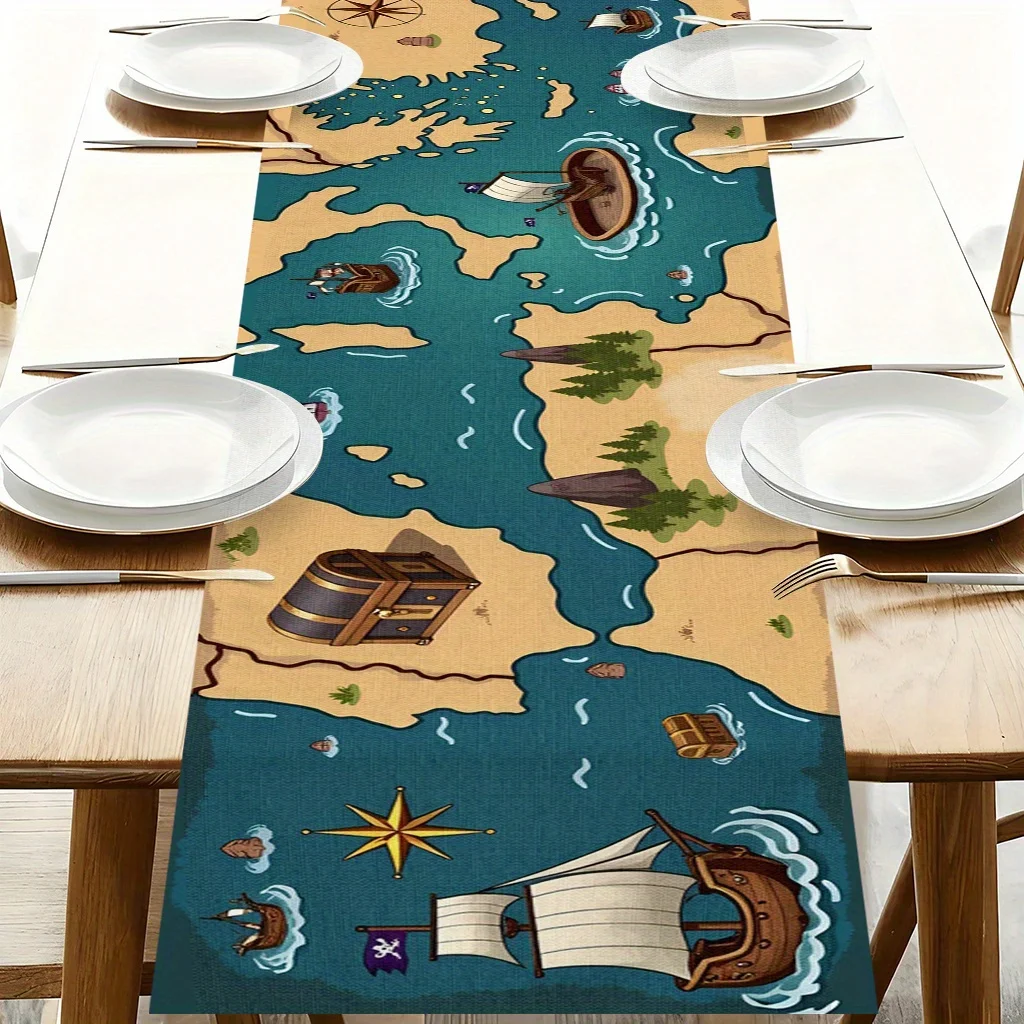 Pirate Treasure Map Table Runner- Durable Rectangular Table Cover for Winter Holiday Home Decor, Dining, Coffee Parties & Events