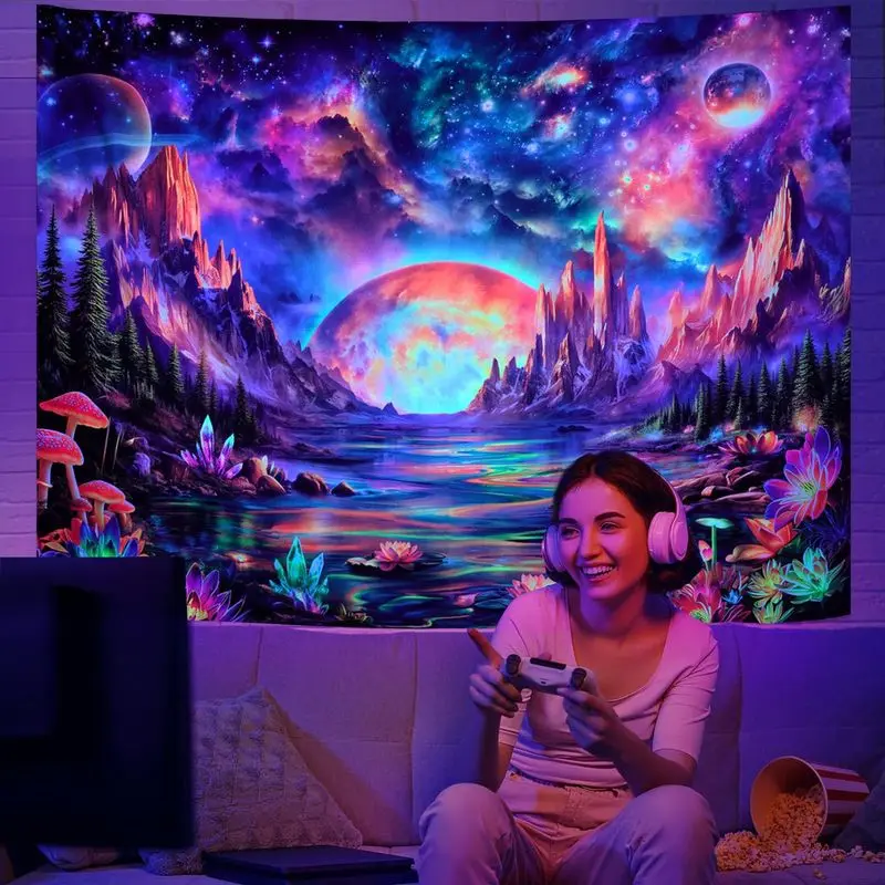 VIKAMA Cosmic Milky Way Planet Range Tarn Black Light Tapestry UV Active Surreal Wall Poster Home Accent Decor Soft Durable Cozy