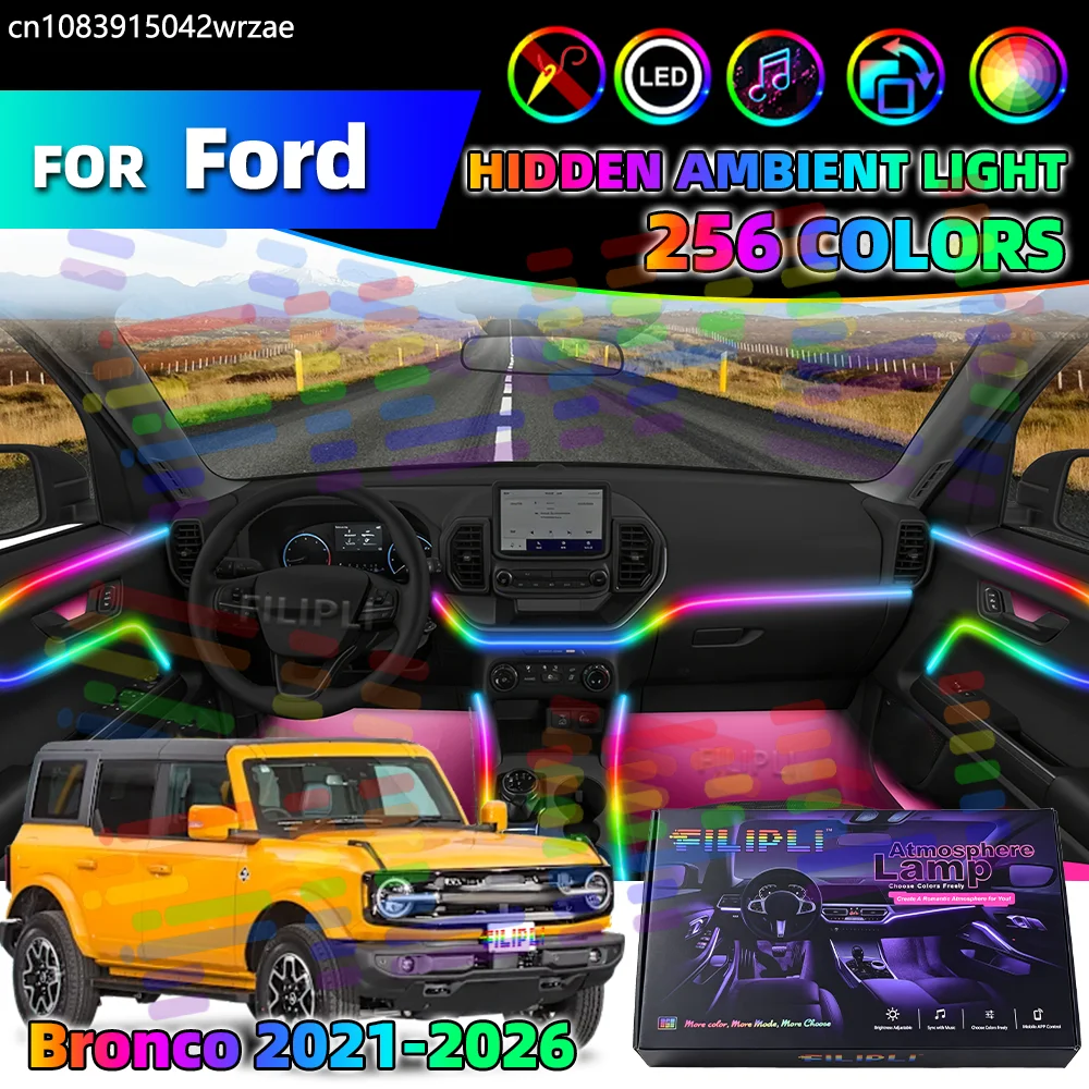 

For Ford Bronco 2021-2026 Years 10 in 1 Car Interior Ambient Lights Strips Breathing Lighting Kit App Control Auto LED strips