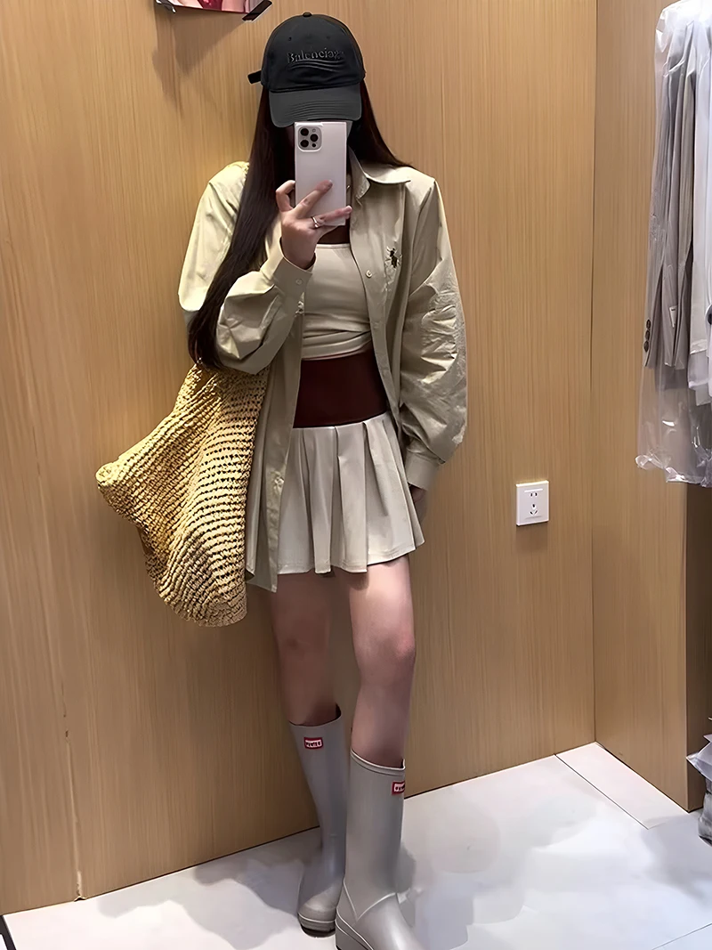 Inizio autunno Protezione solare Colletto irt Set Gonna scozzese a vita alta da donna Set di pezzi di maglietta Set coreano Sle Faion