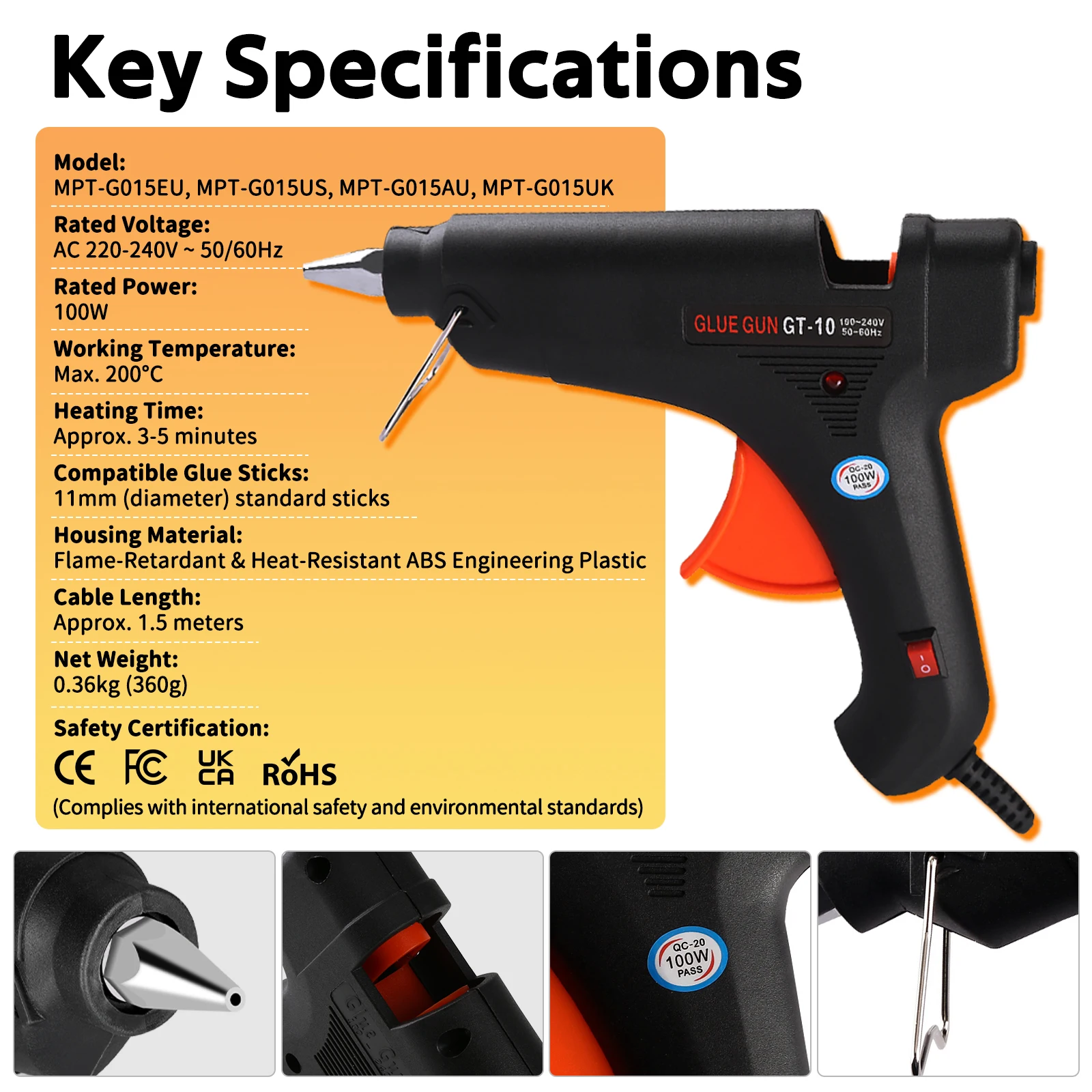 Hot Melt Glue Gun 100W Super PDR 100-240V EU/US/AU/UK Plugs Paintless Dent Repair Tool DIY Tools Suitable for 11mm Glue Sticks