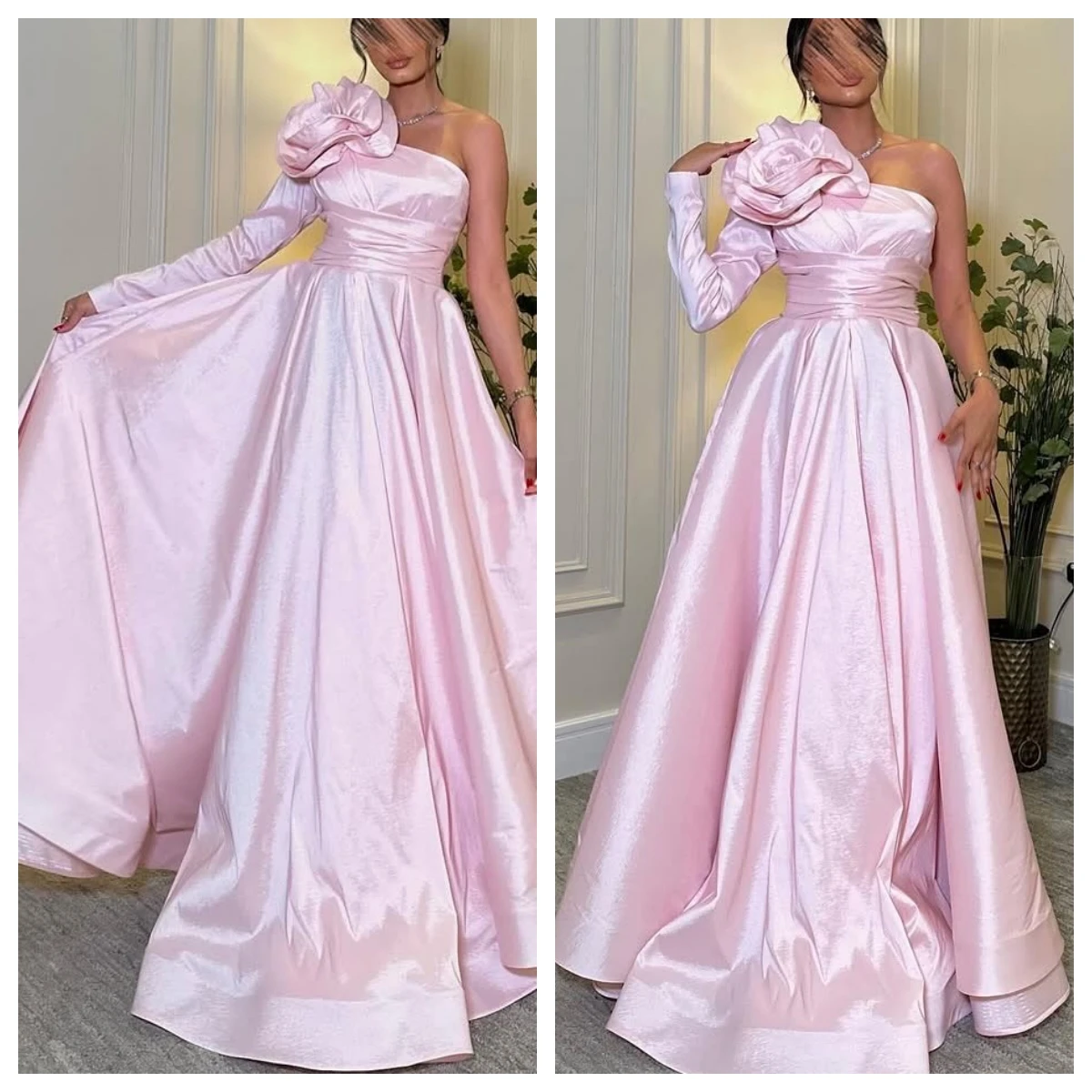 ที่กําหนดเองชุดราตรีคลาสสิกซาติน Strapless หนึ่งไหล่แขนยาวชุดราตรี A-Line Sweep Train Appliques Party Dresses