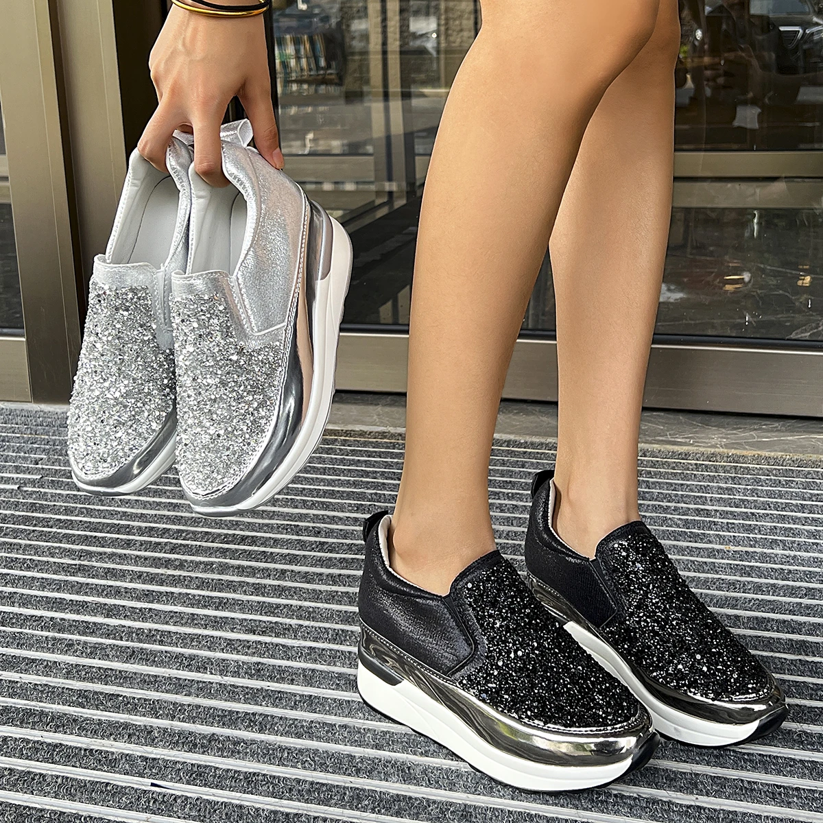 

Slip-on Loafers Spring Summer Thin Fashion Versatile Breathable Sequin Mesh Trifle Platform Inside Heightening Women's Shoes