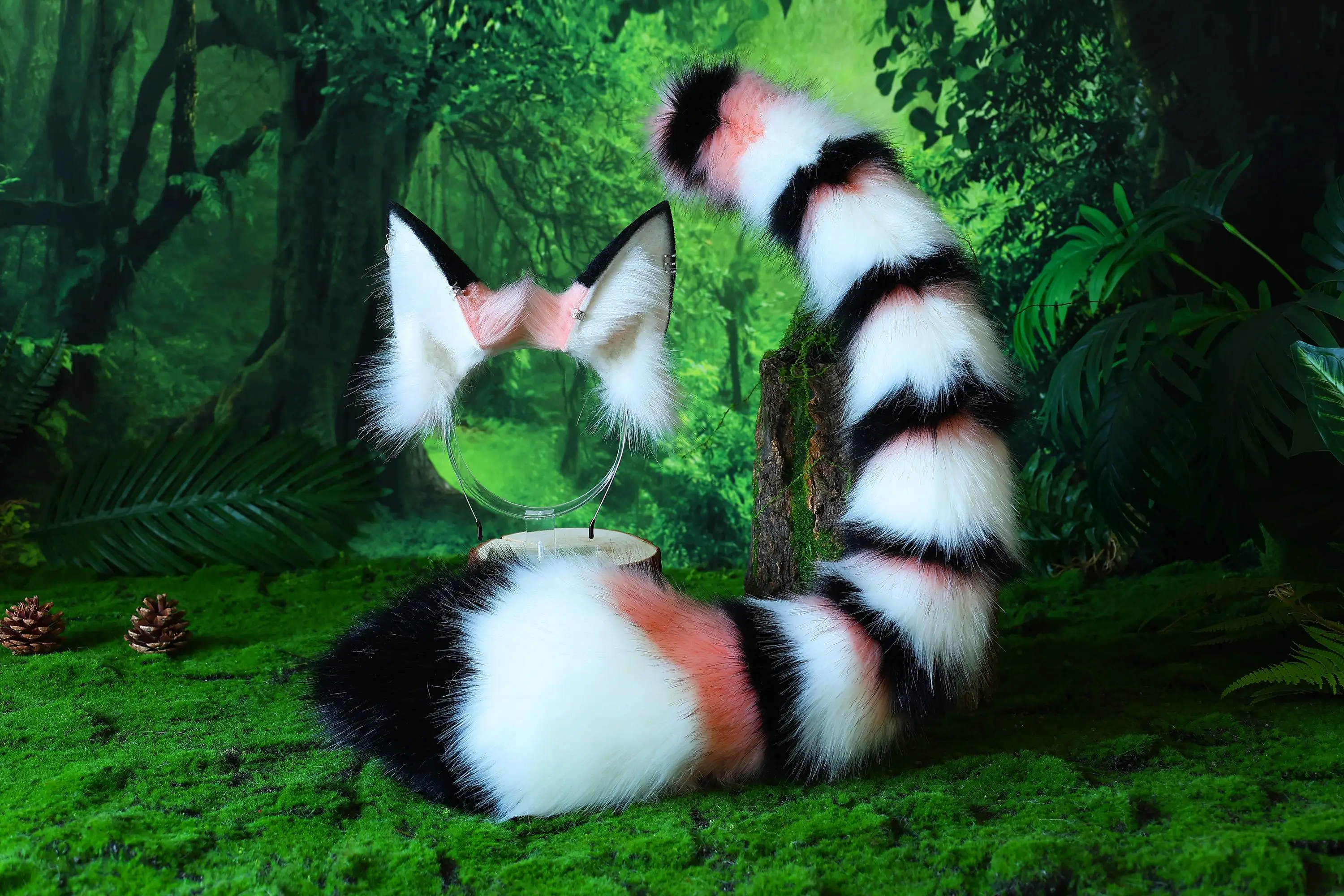 Multicolor stitching faux fur cat ears and tail curved fox tail and ears wplf tail and ears kitten ears and tail set