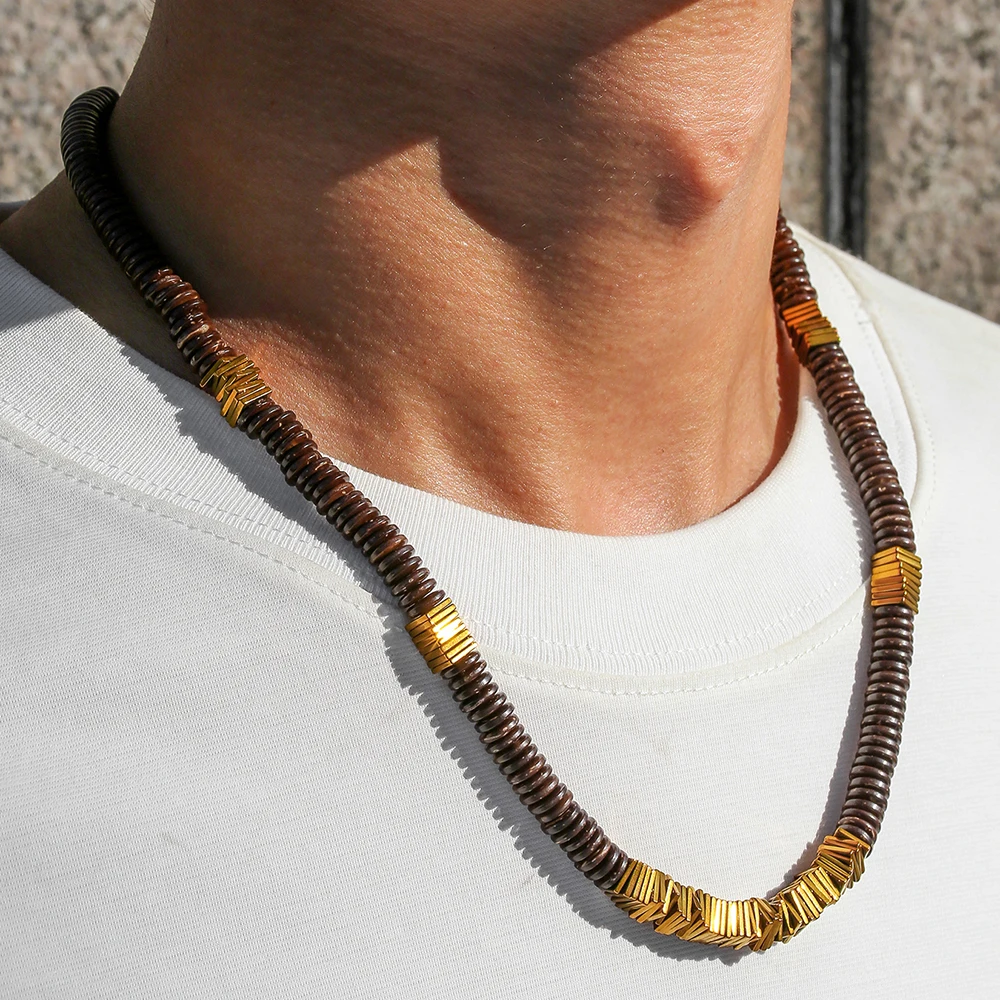 

Bohemian Natural Black Round Gallstone Square Slices Beaded Necklace for Women Retro Hip Hop Fashion Sweater Chain Jewelry