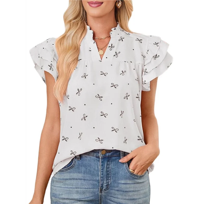 

ASDS-Ruffle Tops For Women Loose Notched V Neck Boho Tops Layered Flutter Sleeve Tunic Shirts