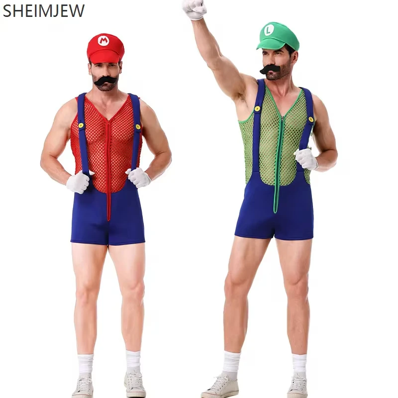 Men Funny Plumber Brother Cosplay Jumpsuits With Hat Halloween Adult Sexy Anime Role Play Disguise Carnival Party Stage Dress Up