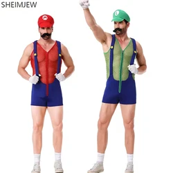 Men Funny Plumber Brother Cosplay Jumpsuits With Hat Halloween Adult Sexy Anime Role Play Disguise Carnival Party Stage Dress Up