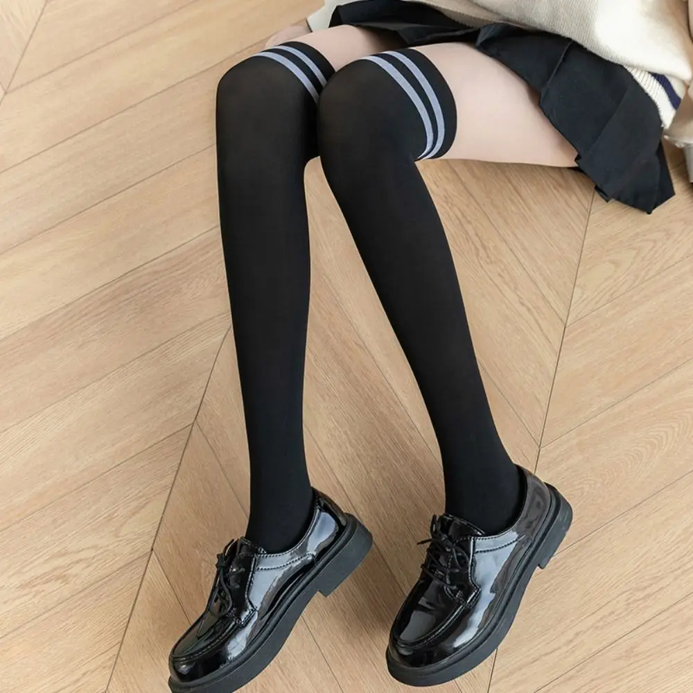 Anti-Hook Nylon Striped Splicing Pantyhose Seamless Fake Calf Socks Women Stockings Thin Fake High Tube Knee Tights Daily