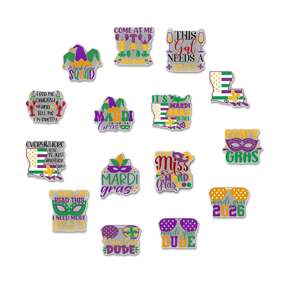 

15 шт. Новые акриловые украшения для обуви в стиле Марди Гра, фиолетово-зеленые карнавальные декорации для сабо, значки с картой Луизианы, сувениры для вечеринок