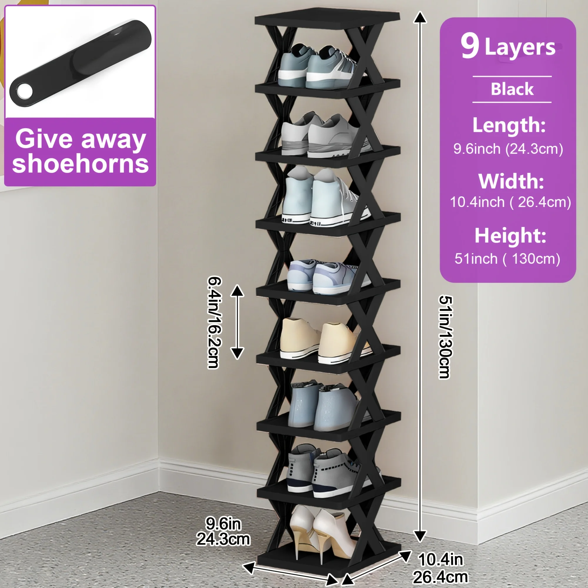 Vertical X-shaped Shoe Rack 6 Layers /9 Layers Available, Narrow Freestanding Shoe Organizer Shelf for Entryway Small Space, Plastic Shoe Storage Holder with Free Shoehorn