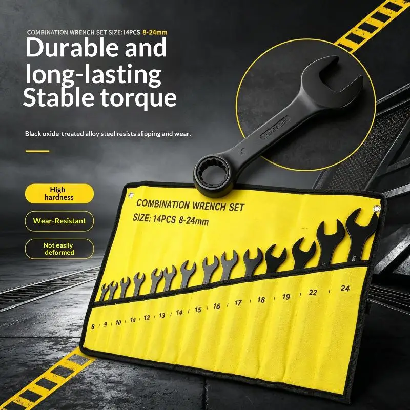 14 Pieces Ultra-thin Combination Wrench (Open-end + Box-end), Wide-opening, 8–24mm, Slim-profile Wrench