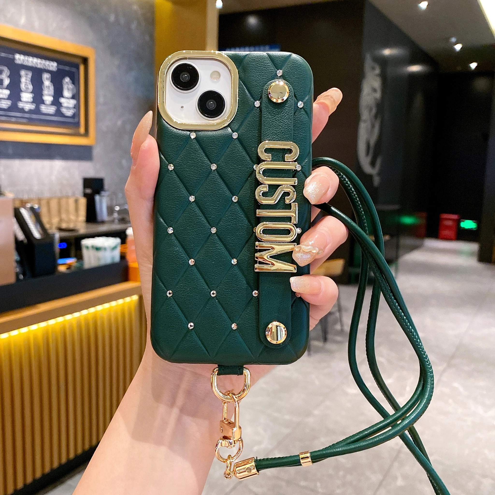 Customized name letter full diamond leather Phone case wristband holder for iPhone16 15 14 13 12ProMAx crossbody lanyard Cover