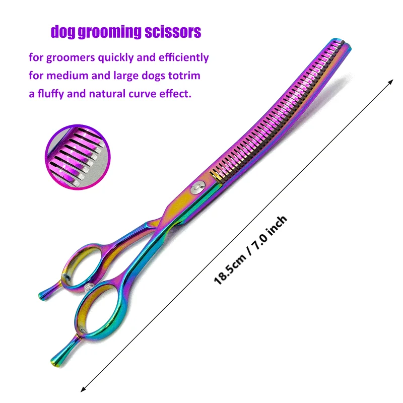 Bunte gebogene Effilierschere für Hunde, 7,0 Zoll, professionelle Hundepflegeschere, gebogene Effilierschere für Haustiere – Detail 6