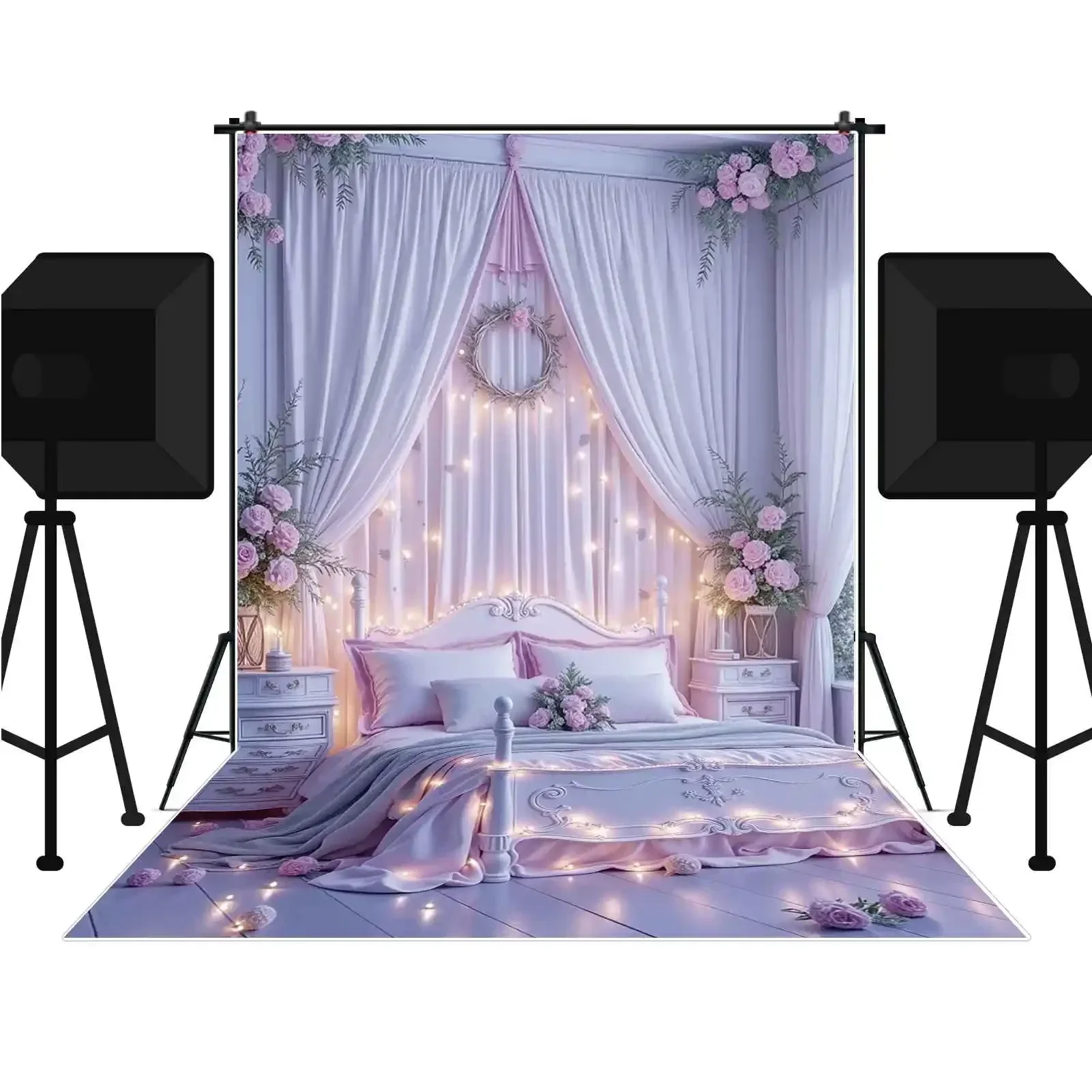 MOON.QG Dreamy Birthday Princess Bedroom Photography Backdrop Curtain Purple Flower Photozone Background Girl Studio Photobooth