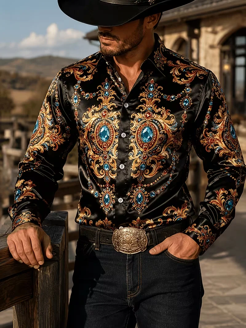 New Men's Golden Dragon Xiangyun Sea Water River Cliff 3D Printed Long Sleeve Shirt Smooth Satin Collar Top Clothing