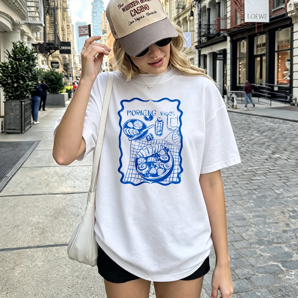 Short Sleeve White T-shirt Morning Vibes Breakfast Scene Checkered Tablecloth Coffee Cup Bottle Plate Harajuku Women Clothes
