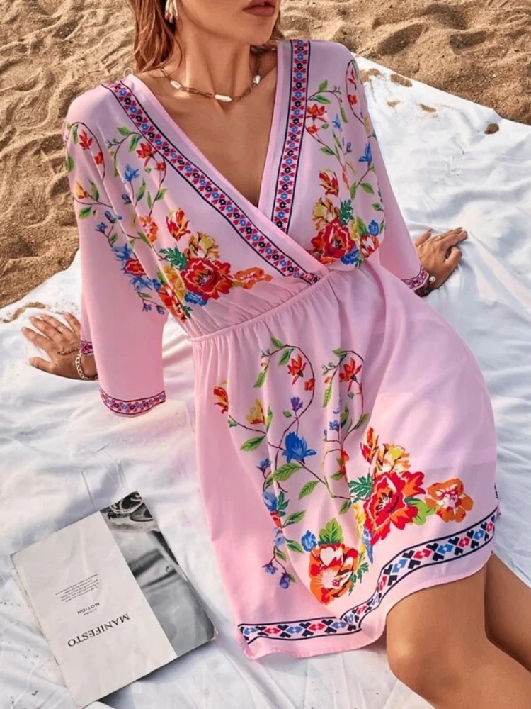 2024 Summer Fashion New Bohemian Style Sexy Dress Vintage V-neck Tie Waist Vacation Style Beach Ethnic Style Knee Length Skirt