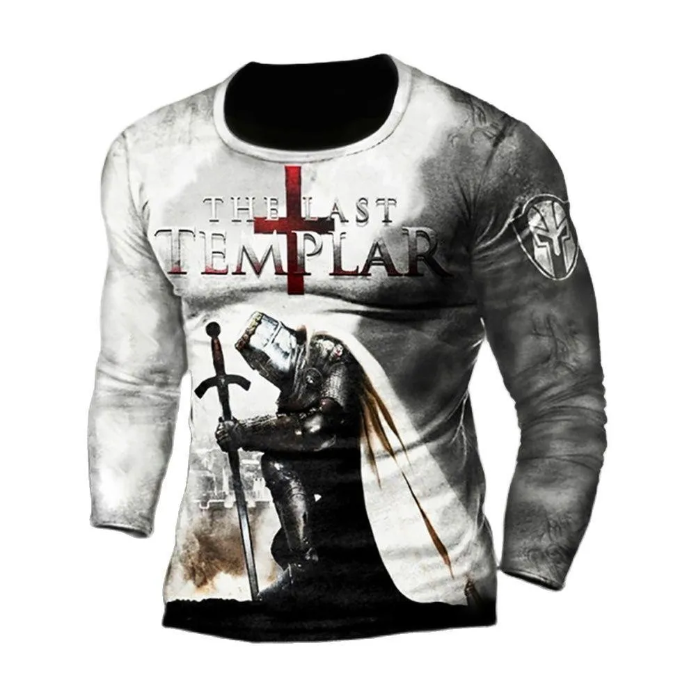 Templar Knight  Print Retro Fashion Casual Men\'s Round Neck Long Sleeve Street Hip Hop Extra Large Speed Drying Wearing T-shirt