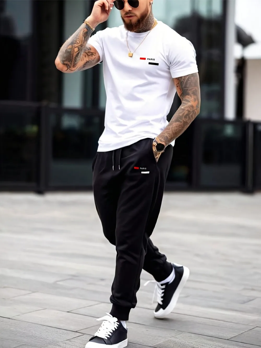 

Summer men's striped printed comfortable and breathable round neck T-shirt pants set, outdoor casual sports two-piece set