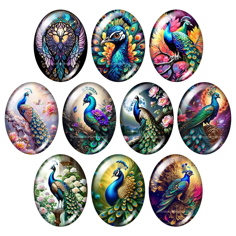 New Flowers peacock Paintings style 10pcs 13x18mm/18x25mm/30x40mm Oval photo glass cabochon demo flat back Making findings