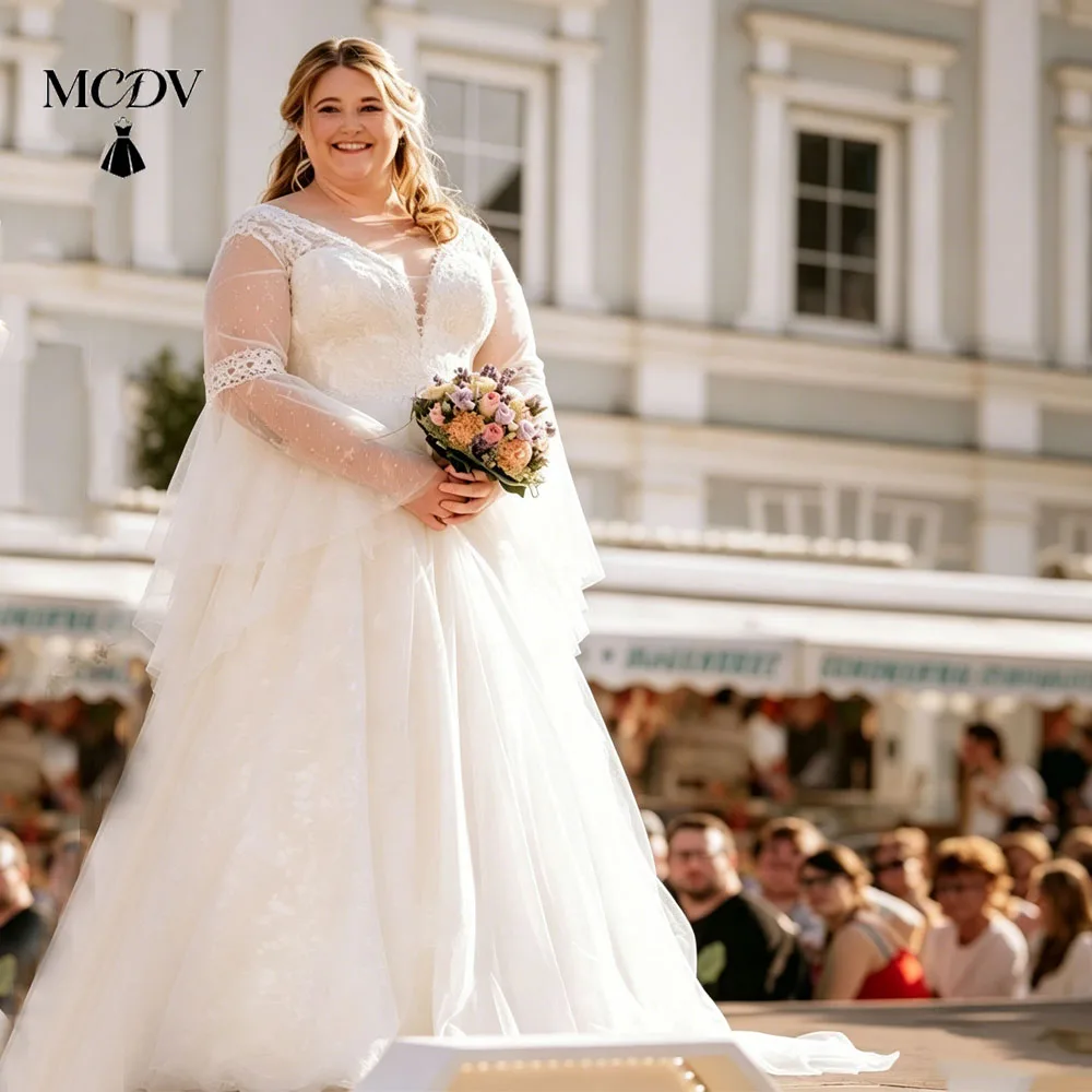 

Plus Size Lace Wedding Dresses Long Sleeve V-Neck Applique Civil Bridal Dress Corset Back A Line vestido bohemio boda Customized