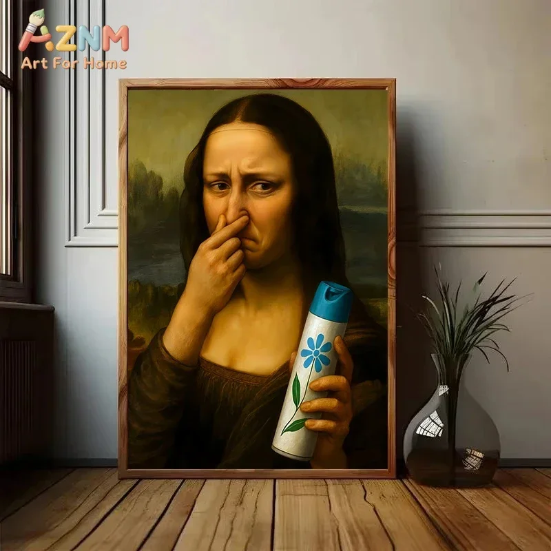AZNM Funny Bathroom Canvas Print, Parody Famous Painting Mona Lisa Van Gogh Dali Animal Humor Art Unframed Canvas Painting, Rest