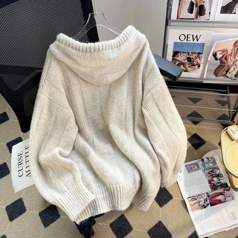 Korean Knitted Hooded Sweater Women Autumn Winter Loose Long Sleeve Warm Buttons Pullover Ladies Solid Streetwear Sweatshirt New