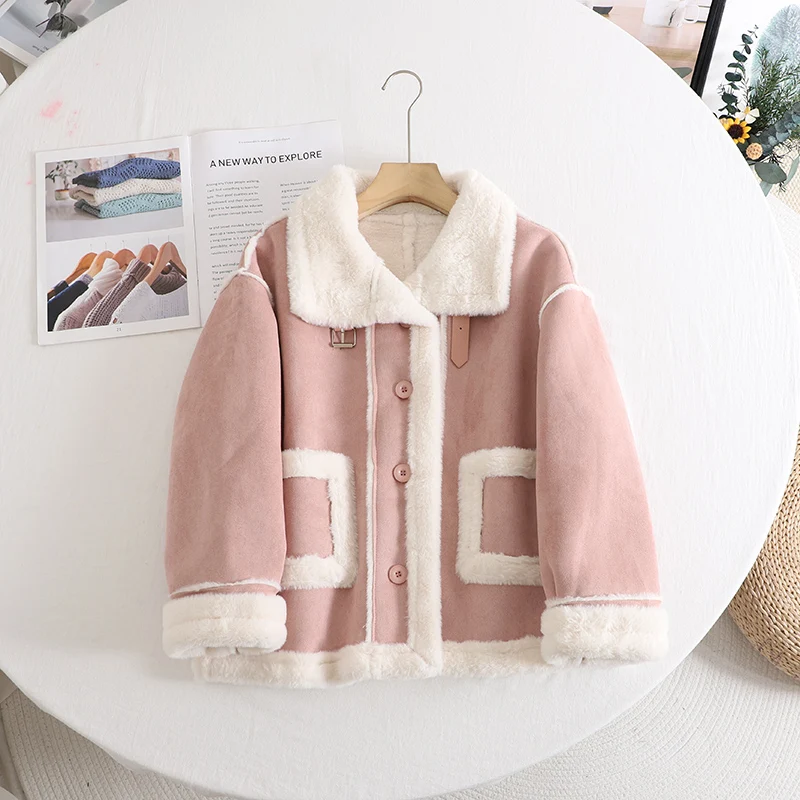 Sweet Pink  Cashmere Patchwork Jacket Ladies Short Autumn Winter Fur Solid Color Loose Stitching Long Sleeve Thickened Warm Coat