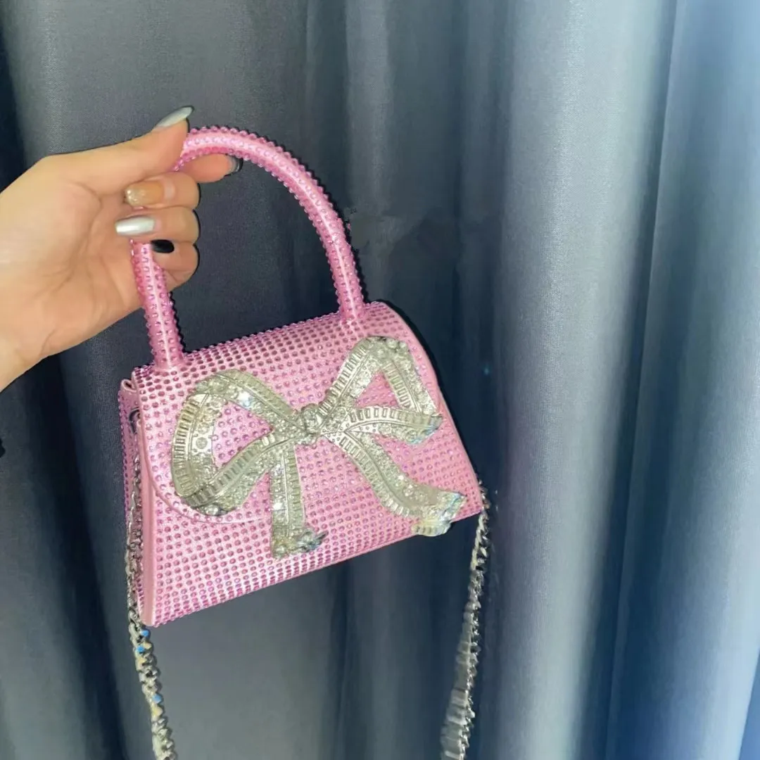 Fashion Rhinestone Bow Handbags Women New Elegant Boutique Glittering Sequin Crossbody Bags Ladies Silver Purse High Quality