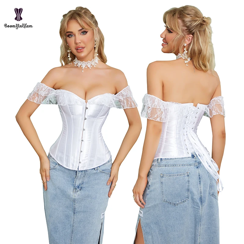 

14 Plastic Bones Supported Off-Shoulder Lace Strap Korsett With 6 Busk Satin Overbust Corset Top Bustier Woman Body Shaper