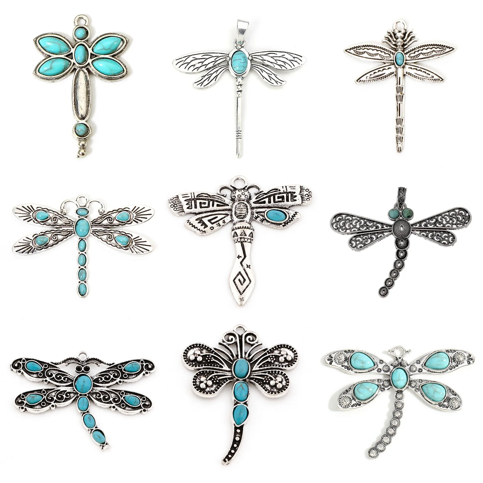 1-5pcs Bohemian Metal Pendants Blue Imitation Turquoise Dragonfly Animal Charms For Women DIY Making Necklace Earrings Jewelry