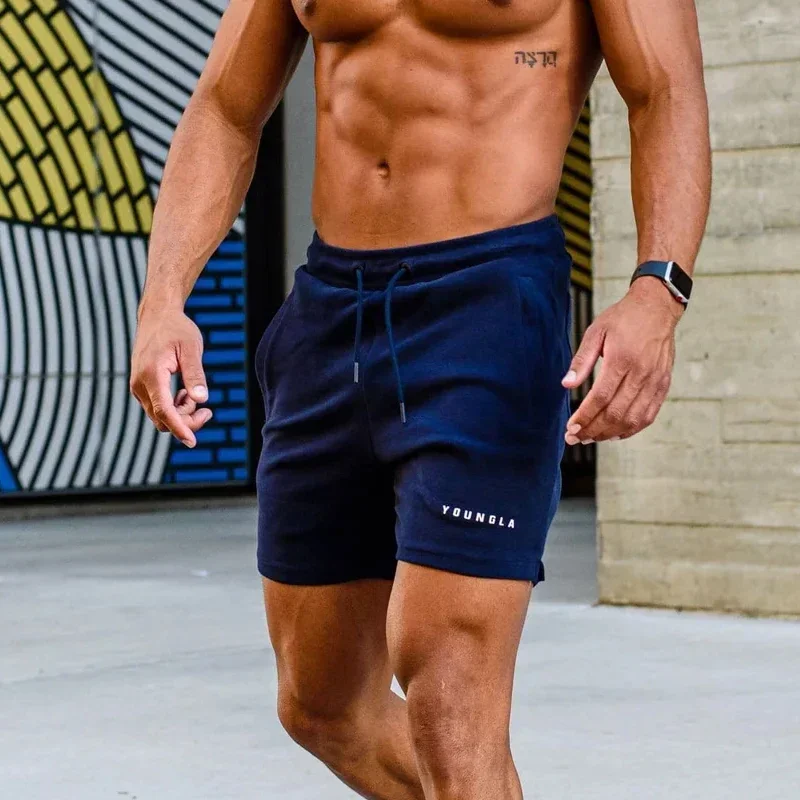 Calções masculinos desportivos de algodão, streetwear, casual, musculação, fitness, corrida, treino, jovem adulto, estilo americano, moda, verão