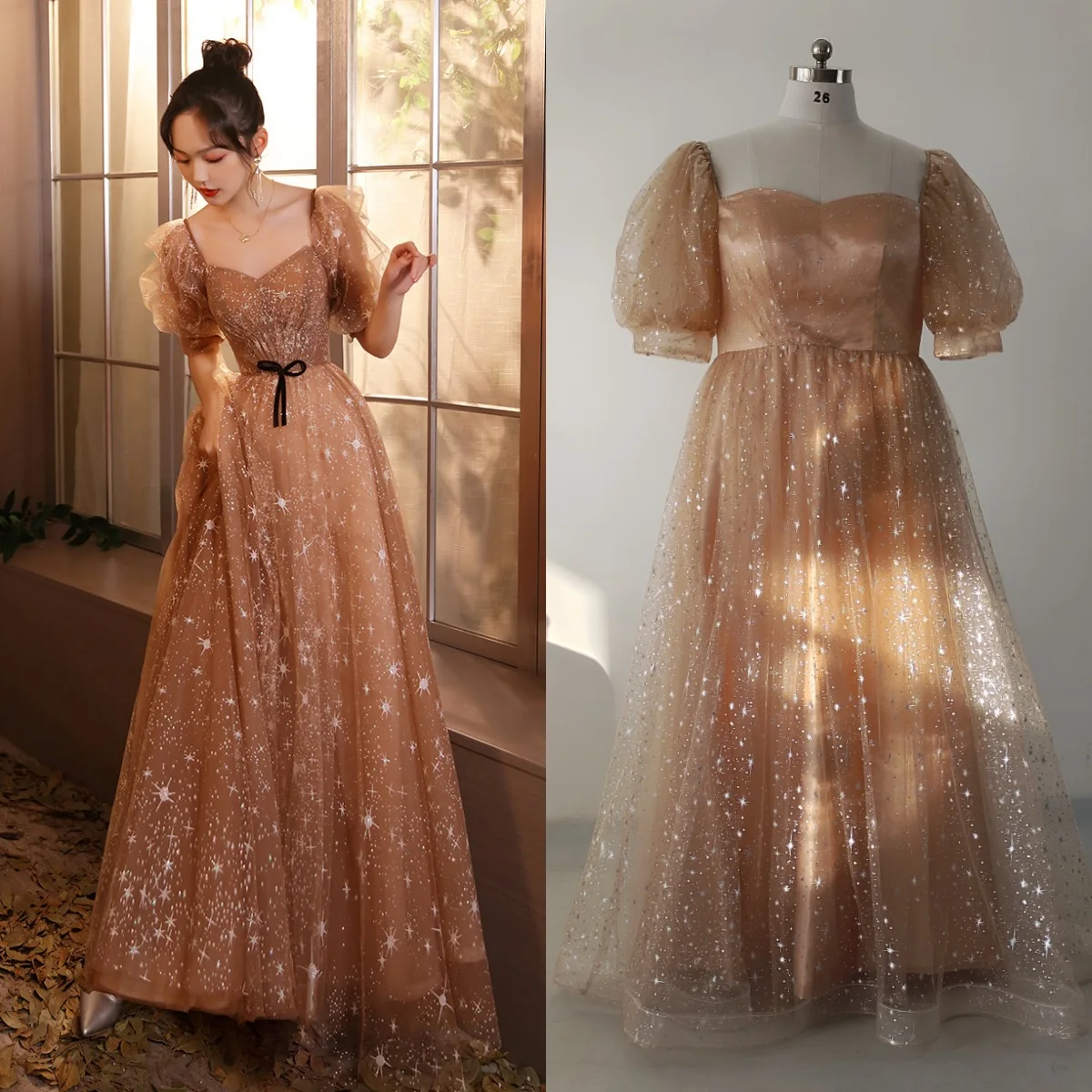 

Feelingarden Plus size Evening Dress Champagne Square Neck Short Sleeves Floor-Length A-Line Party Formal Dresses Woman B1621