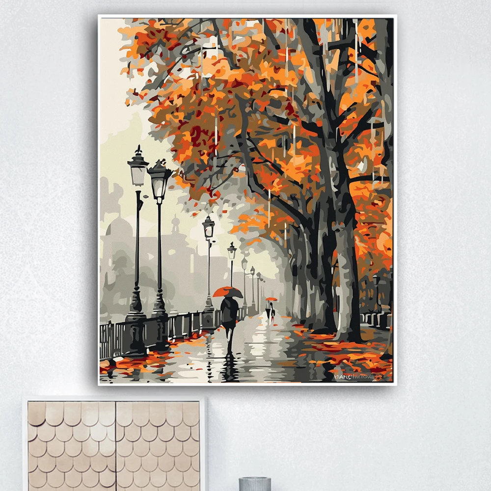 Painting By Numbers Landscape Street rain scene DIY HandPainted Oil Painting Canvas Colouring Unique Gift Home Decorate