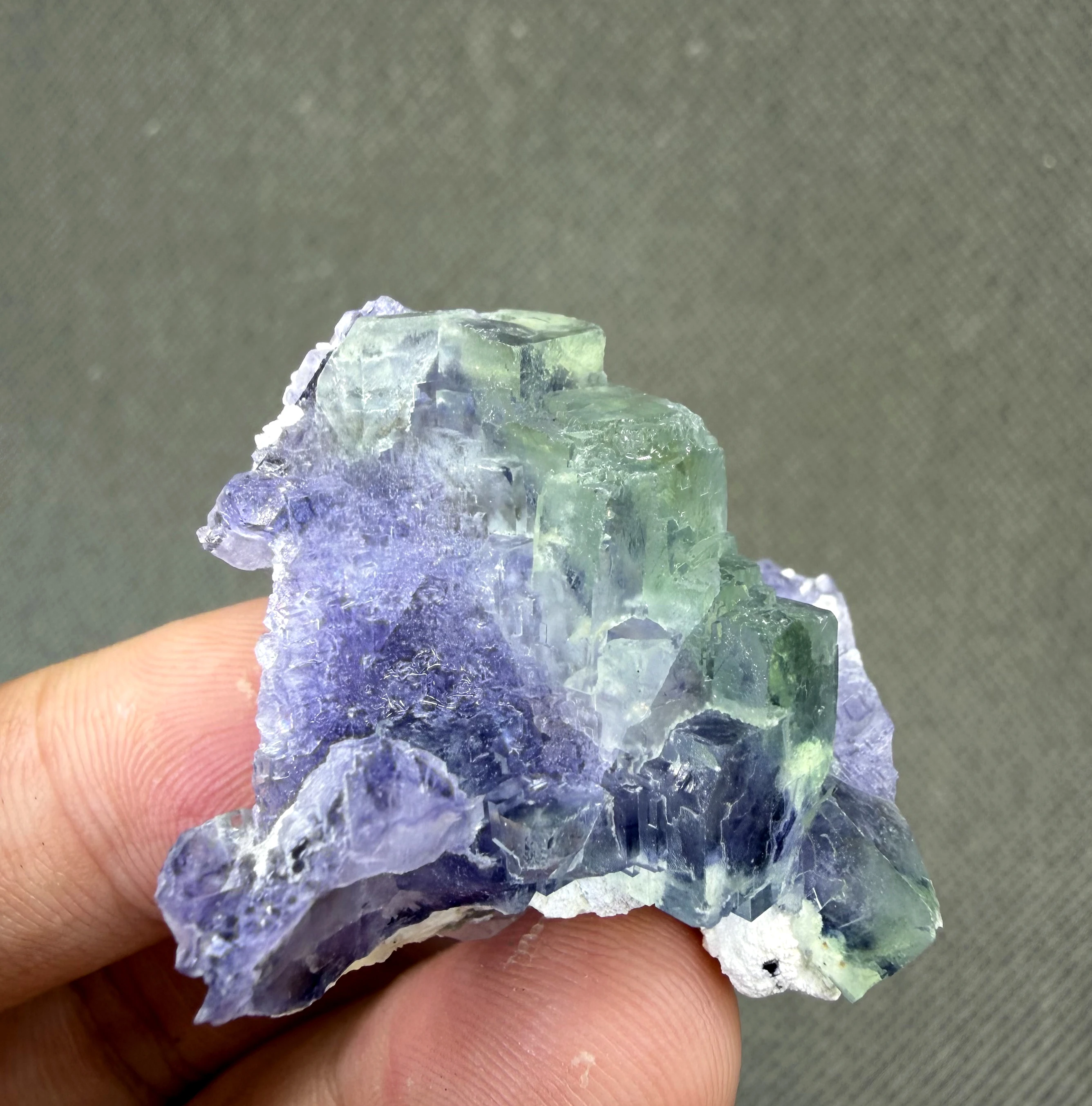 Very Rare 30 g Step Cubic Green Fluorite on Purple Fluorite Matrix, Natural Fluorite Symbiosis Specimen